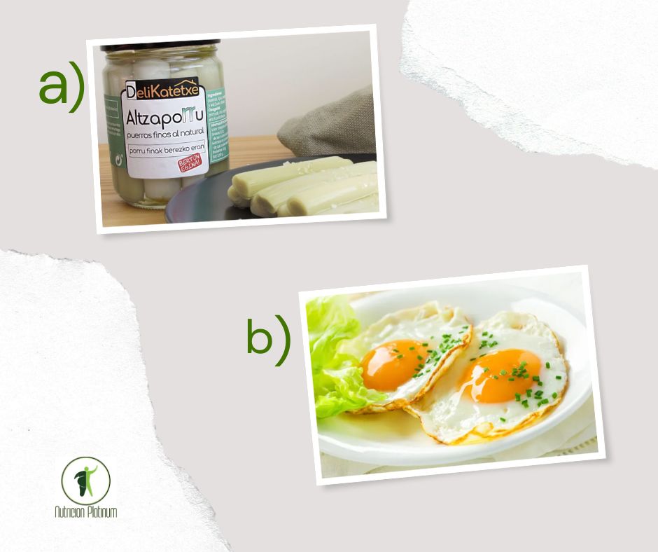 Puerros en conserva con huevos a la plancha.